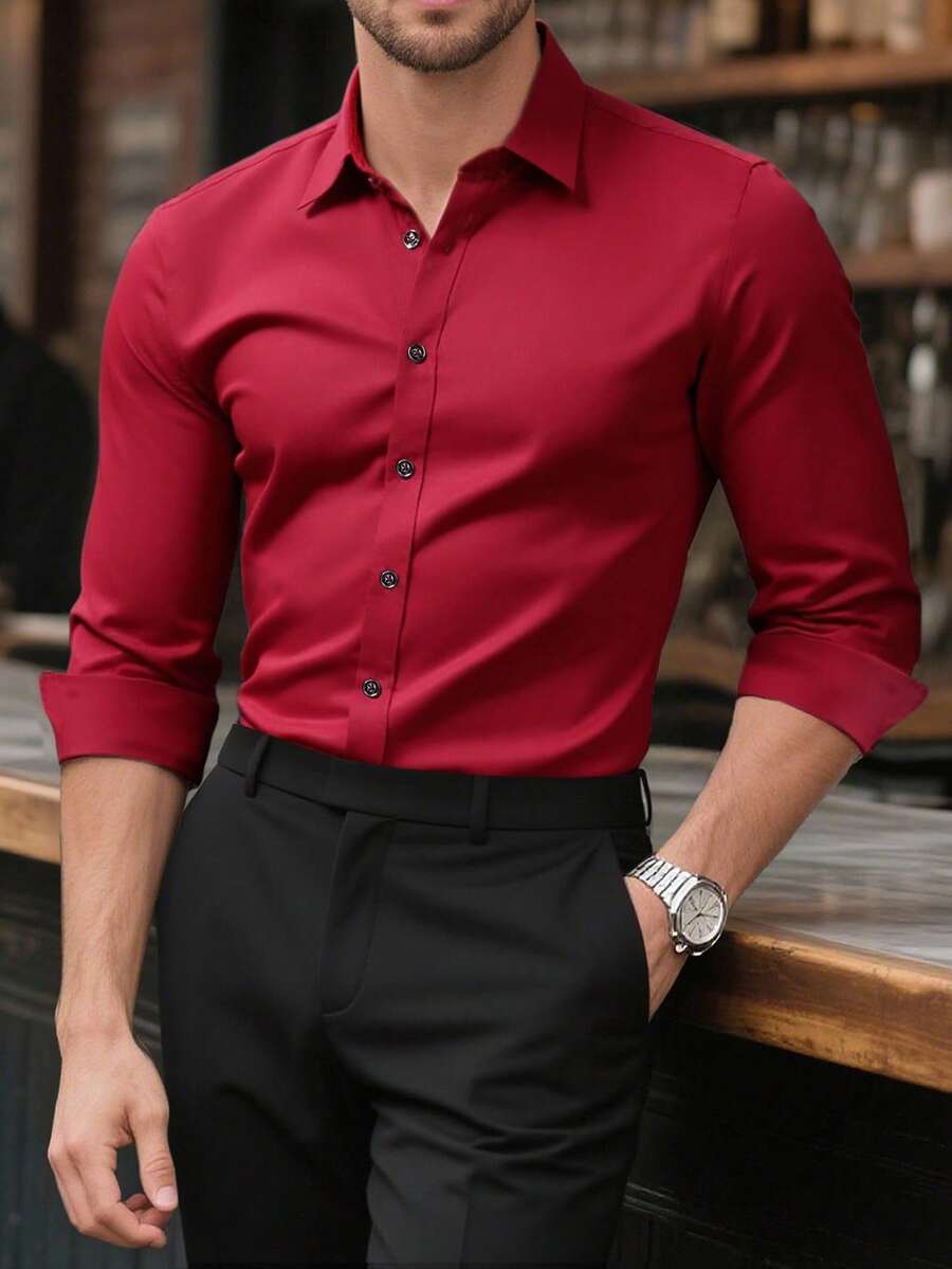 Manfinity Mode Áo sơ mi nam tay dài đơn hàng khuy đơn màu, thường ngày/công sở, mùa thu - Đỏ - Xem 1