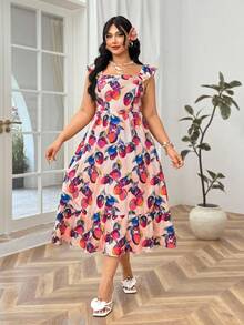 Soleia Plus Size Women Flowy Fruit Print Maxi Dress With Flutter Sleeves, Vacation - Multicolor - View 4