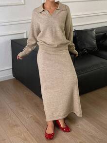 Livesso 女式 V 领长袖毛衣上衣和宽松半身裙两件套，秋季 - 卡其色 - 查看 5
