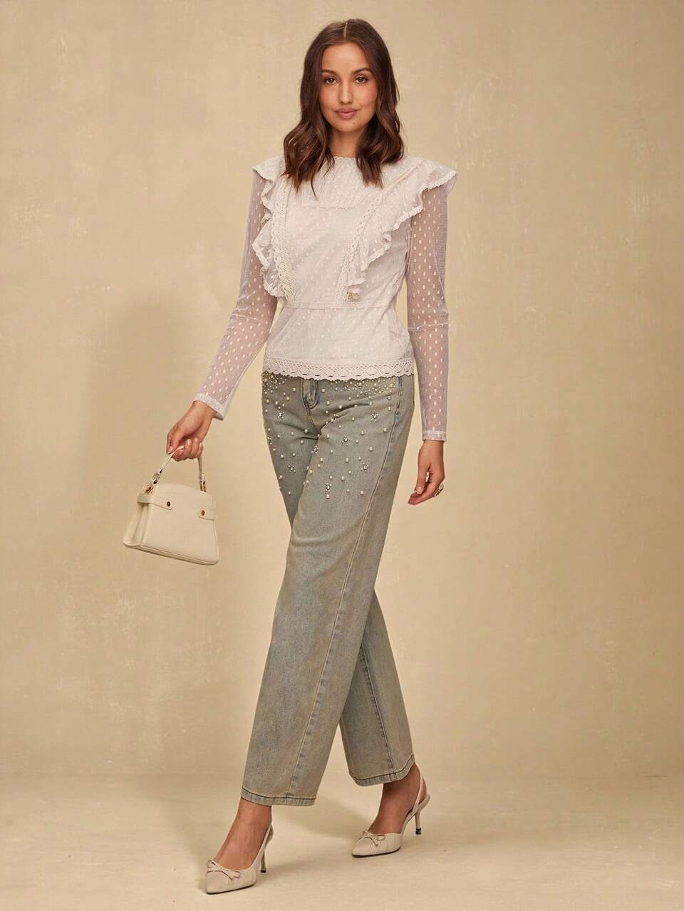 Enchnt Women's White Polka Dot Mesh Patchwork Ruffle Trim Blouse,Elegant Fashionable For Autumn Date Vacation Holiday Wedding Guest Office Clothes