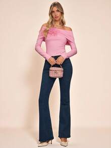 Enchnt Romantic And Elegant Pink Off-Shoulder Fitted Blouse Is Perfect For Autumn And Winter. The 3D Floral Embellishments Add A Touch Of Sophistication And Style. Sweet And Elegant, It's Ideal For Vacations, Dates, Holidays, Weddings, The Beach, Afternoon Tea, And More. A Stylish And Versatile Autumn Blouse For Women. - Pink - View 8