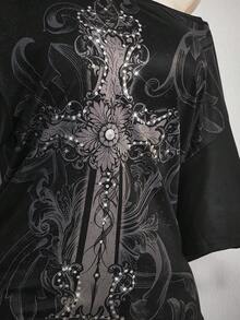 SHEIN ICON Plus Size Women's Y2K Vintage Grunge Style Cross Print Loose Fit Oblique Shoulder T-Shirt Halloween