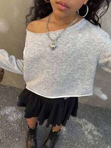 Coolane 青少年女孩短款休闲露肩短款运动衫、长袖上衣 - 灰色 - 查看 7