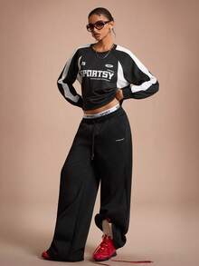 Streetz SHEIN Sport Camiseta deportiva casual holgada de mujer con cuello redondo y mangas raglán de bloques de color - Blanco y Negro - Ver 3