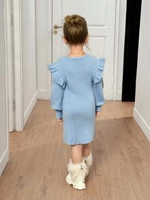 SHEIN Young Girls Baby Blue Ribbed Knit Sweater Dress,Long Sleeve Ruffled Round-Neck Casual Fairy Dress For School,Back-To-School,Autumn Winter Outfits - Blue - View 2