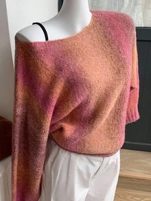 DAZY 女士宽松休闲扎染条纹彩色时尚不对称领口针织套头衫，秋冬 - 中紫紅色 - 查看 11