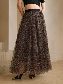 Arave Women's Woven Mesh Leopard Print Digital Print Fabric Elastic Waist Double Mesh 3D Leopard Print Design Elegant Date Long Skirt Fall Clothes For Women Cheetah Print - Brown - View 4