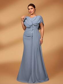 Serin Plus Size Elegant Luxurious Embroidered, Draped, Applique, Waist Cinched, A-Line Long Mother Of The Bride Dress