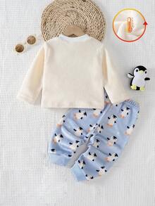 2 Stücke Baby/Kleinkind Jungen Cartoon Pinguin bestickte Flanell Rundhals Langarm Oberteil und Hose Pyjama Set