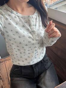 FRIFUL 女式圆领长袖碎花修身休闲领口 T 恤，百搭秋冬 - 彩色 - 查看 9