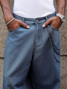 PAVTROS Quần jean ống rộng sọc giặt thường ngày cho nam - Rửa tối - Xem 5