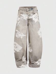 ROMWE MEN Street Life Herren Jeans mit Blume Muster und Tasche, lockere Passform, weites Bein, lässig - Grau - Übersicht 1