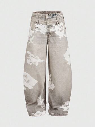 Street Life Herren Jeans mit Blume Muster und Tasche, lockere Passform, weites Bein, lässig