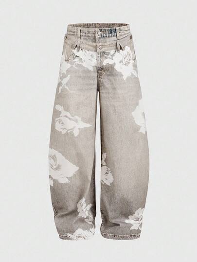 Street Life بنطلون جينز رجالي فضفاض بقصة واسعة مع جيب مطبوع بنقشة الزهور