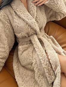 DAZY 女士简约纹理抓绒长袍，家居服，秋冬蓬松睡衣，舒适套装 - 卡其色 - 查看 6