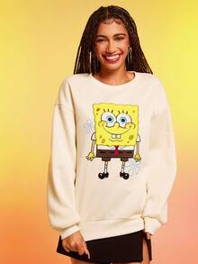 SpongeBob SquarePants | SHEIN 女士休闲卡通图案宽松落肩卫衣，秋季 - 杏色 - 查看 3
