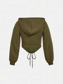 SHEIN MOD Áo sweatshirt dài tay dáng ôm, màu trơn, cỡ lớn, kiểu dáng thường ngày, thắt nơ phía trước, thích hợp cho mùa thu/đông. - xanh quân đội - Xem 2