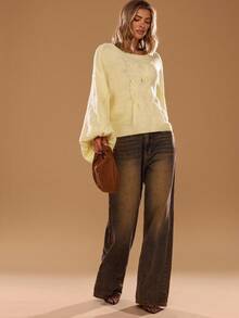 SHEIN BAE 女式休闲纯色蝙蝠袖毛衣，秋冬 - 黃色 - 查看 3