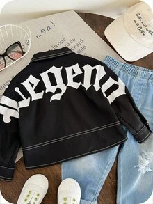 SHEIN 男婴/女婴幼儿秋冬套装，长袖衬衫，黑色有领长袖衬衫，带字母印花和口袋，舒适百搭休闲实用风格基本款上衣，适合室内、户外、日常穿着、运动、玩耍、派对、摄影 - 春季、夏季、秋季、冬季