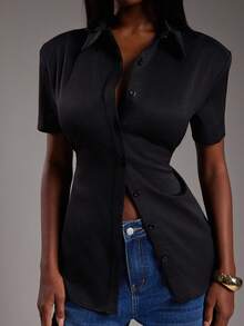 NYA SZN Top à manches courtes avec détail de cravate structuré, col boutonné, décontracté chic, bureau, école, brunch, mignon, modeste, automne-hiver, adapté pour les tenues de trajet pour femmes - Noir - Voir 3