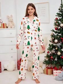 Teen Girl Christmas Tree & Gingerbread Man Print Long Sleeve Cardigan & Pants Pajama Set Fall Winter - Multicolor - View 6
