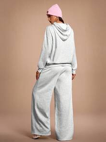 Streetz SHEIN Sport 2件套女士休闲连帽长袖上衣和裤子运动套装 - 淺灰色 - 查看 4