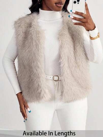 SHEIN PETITE CURVE 冬季大码女式纯色前开蓬松背心夹克