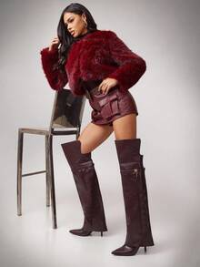 SHUZIA Women Fashion Comfortable Folded Over Over-Knee Heeled Boots With Lock Decor For Christmas - Chocolate Brown - View 3