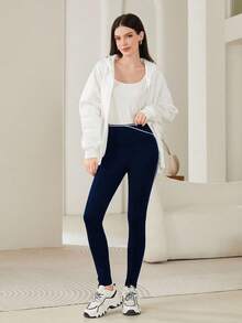 Women's Contrast Trim Fitted High Waist Casual Leggings - Royal Blue - View 3