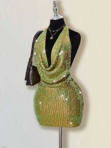 SHEIN ICON 女式性感火辣千禧风格 Y2K 现代时尚个性前卫复古晚会宴会夜总会装摆领露背绿色亮片修身迷你连衣裙 - 綠色 - 查看 4