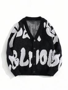 SHEIN Tween Boy Casual Black & White Contrast Letter Graphic Knit Cardigan, Autumn/Winter Boys Boy Kids Boys Kids Boy Teen Boys Fall - Black - View 1