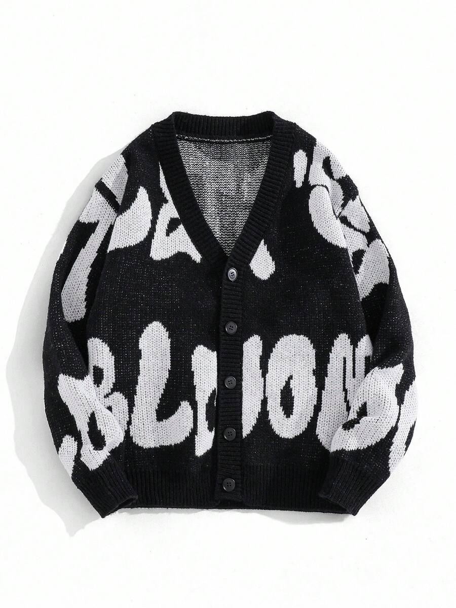 SHEIN Tween Boy Casual Black & White Contrast Letter Graphic Knit Cardigan, Autumn/Winter Boys Boy Kids Boys Kids Boy Teen Boys Fall - Black - View 1