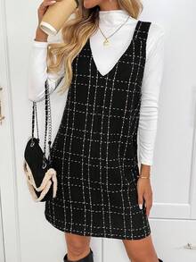 SHEIN LUNE 女士休闲格子口袋无袖粗花呢短连衣裙，日常百搭，秋冬款 - 黑與白 - 查看 7