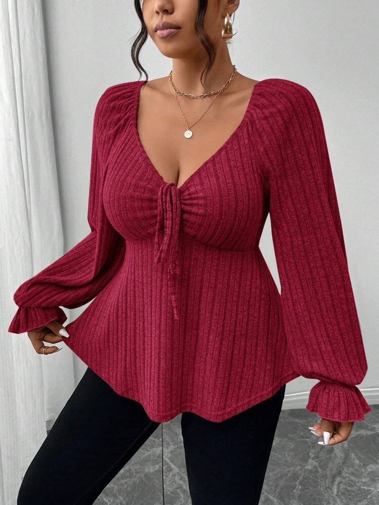 SHEIN Frenchy Plus Size Autumn Casual Long-Sleeved Women's Clothing, Tie On The Chest, Soft And Comfortable Fabric, Beautiful T-Shirt For Home And Outing ,Solid Color Heart-Shaped Collar Ruffle Hem Long Sleeve T-Shirt - Burgundy - View 6