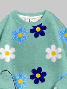 SHEIN Set 2 buc. pentru fete preadolescente, casual, clasic, cu imprimeu floral, guler rotund, confortabil, cu mânecă lungă, hanorac și colanți, potrivit pentru toamnă/iarnă