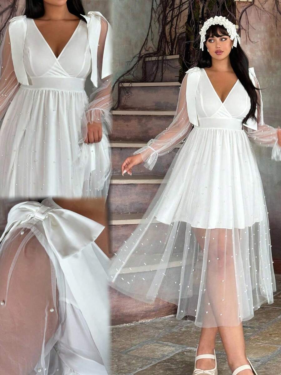 Flirla 大码女士优雅连衣裙，带蝴蝶结装饰、网眼拼布和仿珍珠饰边 - 白色 - 查看 1