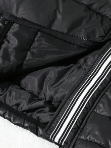 SHEIN Kids/Tween Boys' Casual Versatile Sports Black & White Ribbon Patchwork Thick Hooded Zip-Up Long Sleeve Winter Coat, Parka Coat Suitable For Commuting, School, Casual, Travel, Sports, Autumn/Winter, Teen Boys Winter Jacket, Boys Black Puffer Jacket Fall - Black - View 9