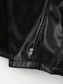 Sparklyn Teen Girl Solid Fashion Lapel Zipper Oblique Placket Black Versatile Short Leather Jacket Fall Winter - Black - View 4