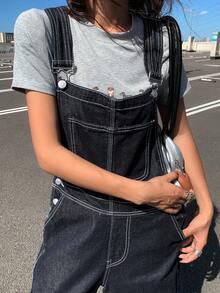 DAZY 女士宽松休闲纯色大口袋牛仔背带裤 Y2k