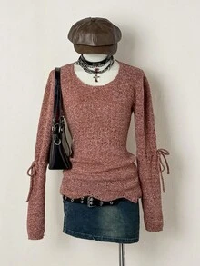 EgrlEra 女士纯色圆领蝴蝶结装饰长袖休闲毛衣，秋季 - 橘色 - 查看 1