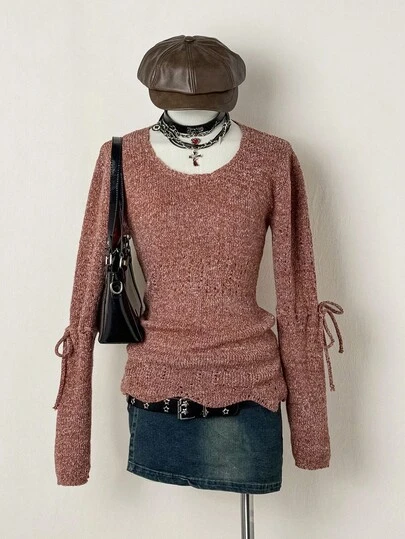 EgrlEra 女士纯色圆领蝴蝶结装饰长袖休闲毛衣，秋季