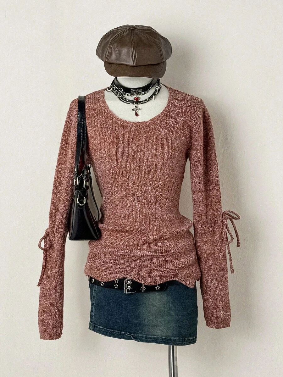 EgrlEra 女士纯色圆领蝴蝶结装饰长袖休闲毛衣，秋季 - 橘色 - 查看 1