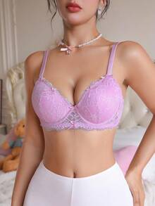 PetitDoll 1pc Lace Bow Supportive Solid Color Comfortable Underwire Bra For Women - Pink - View 4