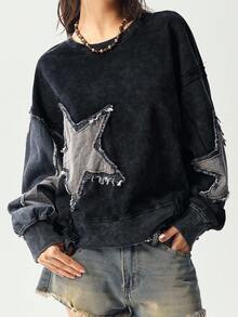 Bohemela 秋季波西米亚乡村音乐节万圣节休闲纯色拼布圆领宽松水洗女式运动衫 - 黑色 - 查看 3