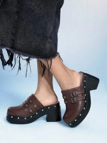 Sugerpunk 女士复古时尚搭扣高跟凉鞋，百搭粗跟穆勒鞋 - 棕色 - 查看 4