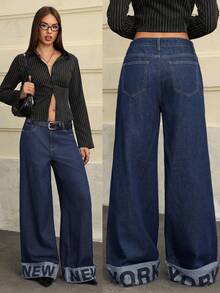 Jeanoix 女士时尚 Y2K 新年字母休闲牛仔裤 - 深色水洗藍 - 查看 10