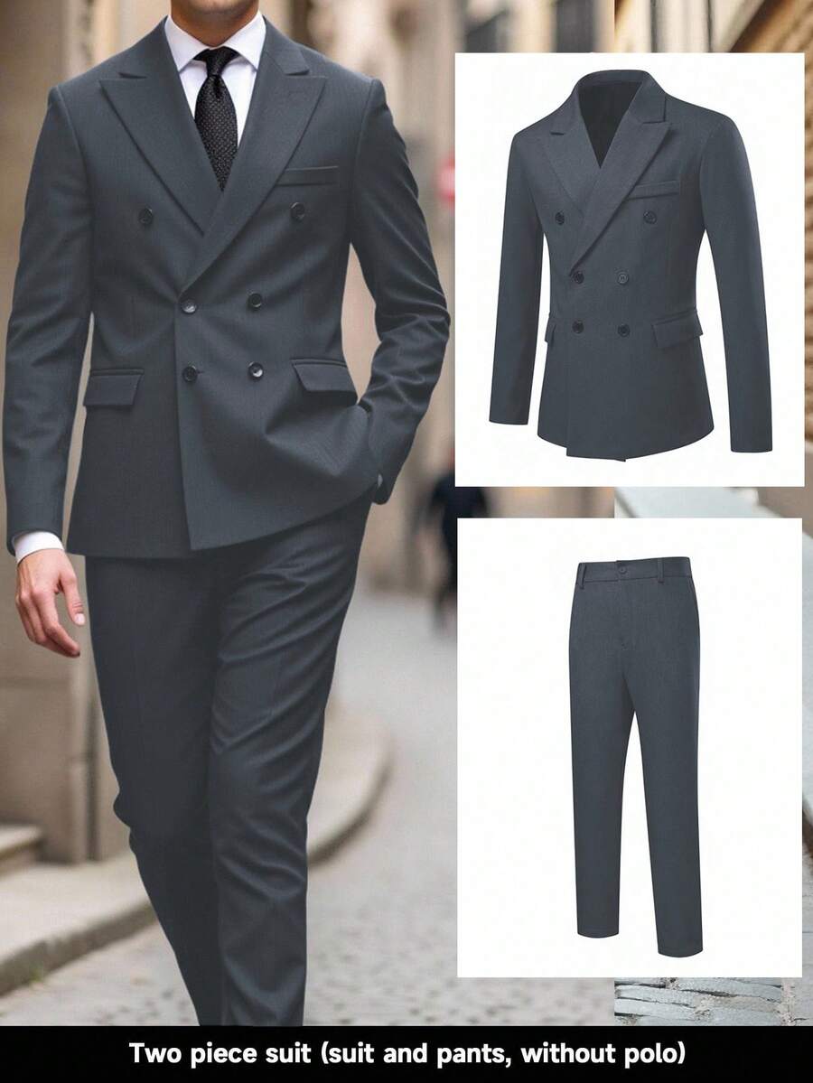 Calvornis Bộ vest nam tay dài, áo khoác và quần dài màu trơn, hai hàng khuy, bộ vest nam hai hàng khuy, bộ vest nam màu xám, bộ vest nam, bộ vest nam 2 mảnh, áo khoác và quần tây nam, quần áo công sở nam, bộ vest nam 2 mảnh có ve áo - Màu xám đen - Xem 1