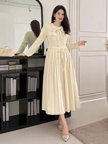 DAZY 女士优雅拼布系带中长连衣裙，秋季 - 米色 - 查看 3