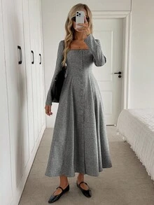 Easowa Square Neck Button Front Long Sleeve Cinched Waist A-Line Midi Dress, Casual Loose Elegant Office Wear, Autumn/Winter Square Neck Dress Button Down Dress Gray Dress Women Long Sleeve Dress A Line Dress Winter Dresses For Women  Women's Winter Clothes  Formal Women's Clothes - Grey - View 3