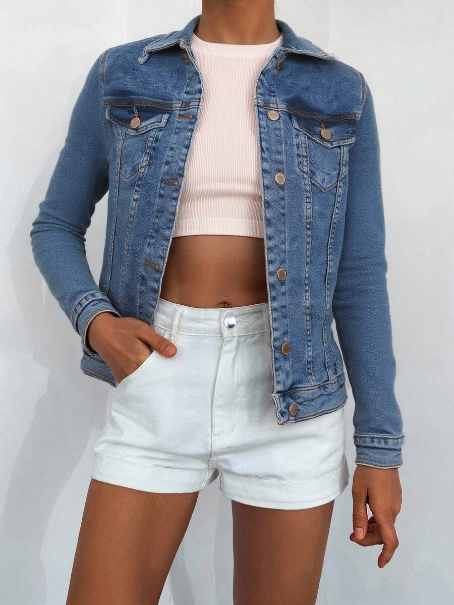 SHEIN Cottnline Flap Pocket Button Front Denim Jacket - Medium Wash - View 1